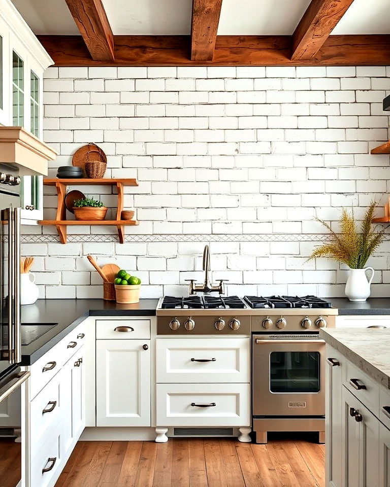 white subway tiles with aged grout in kitchen - 15 French Country Kitchen Backsplash Ideas