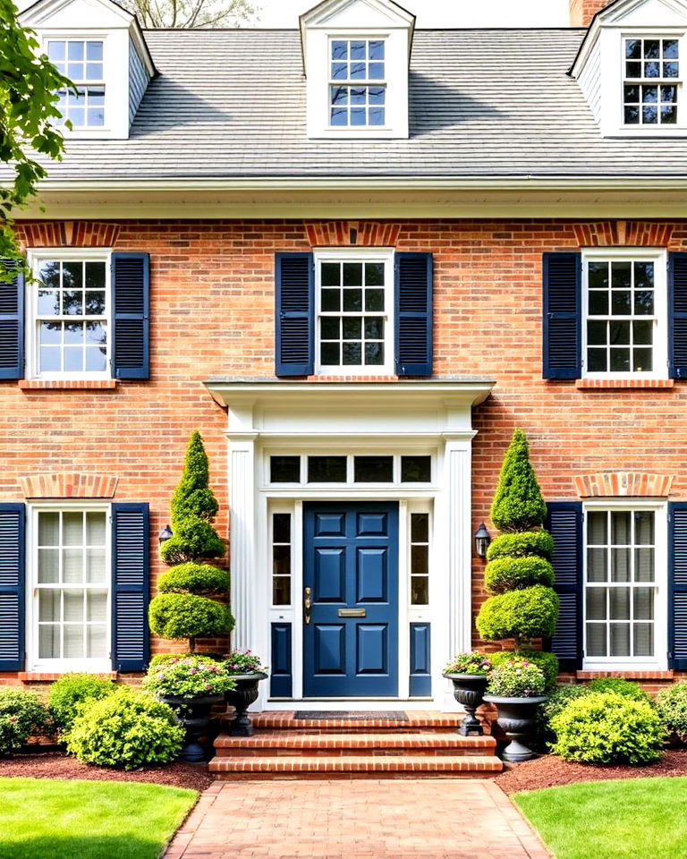 white trim brick house with navy blue accents - 25 Blonde Brick House Color Schemes