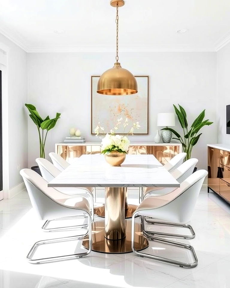 white with metallic finishes dining room - 30 White Dining Room Ideas