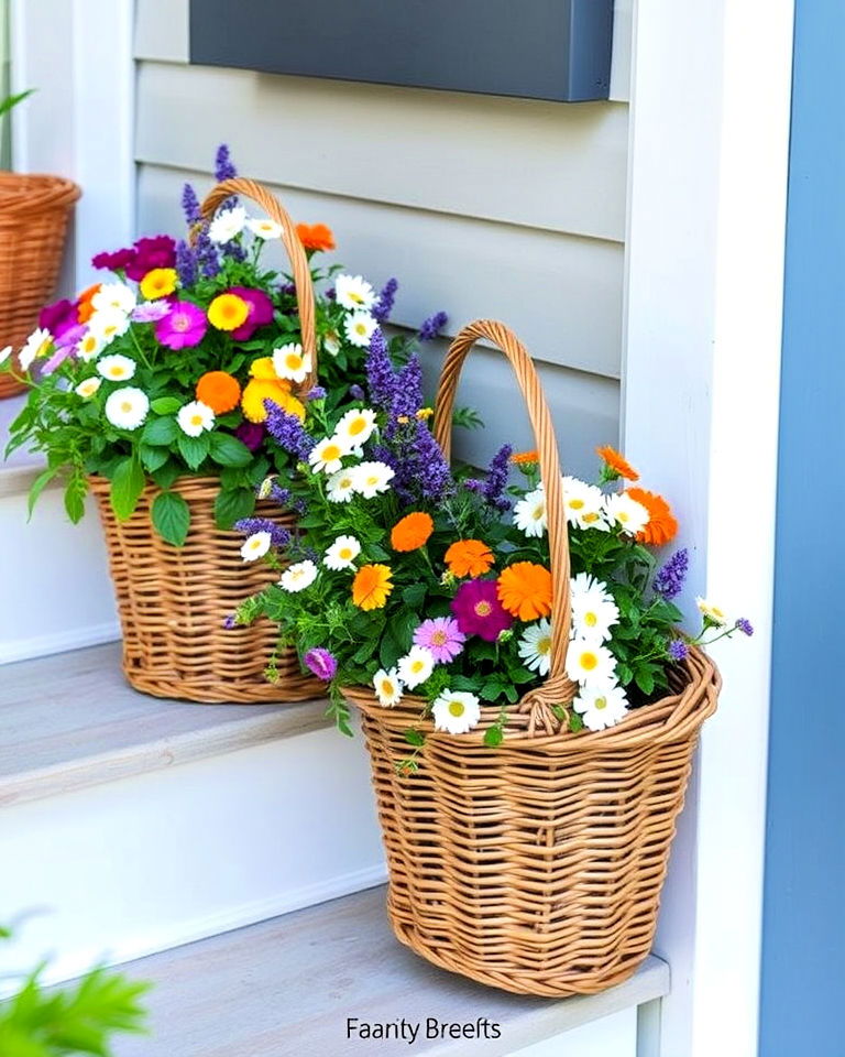 wicker basket flower displays - 15 Farmhouse Garden Ideas