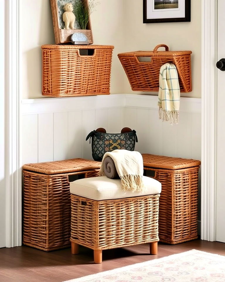 wicker baskets and ottoman corner entryway - 15 Corner Entryway Ideas
