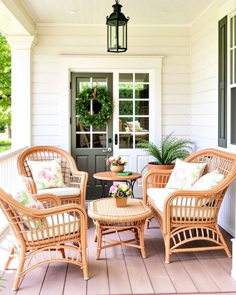 wicker chairs with cushioned seating - 15 Cottage Front Porch Ideas