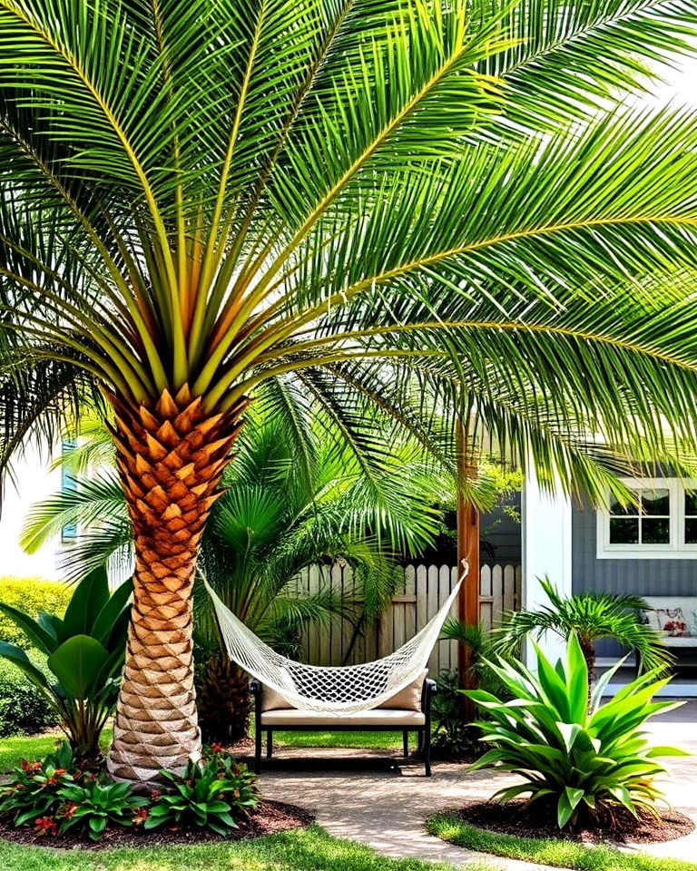 wide palm canopy with relaxation area - 25 Front Yard Palm Tree Landscape Design Ideas