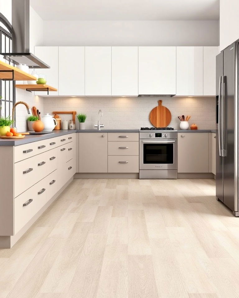 wide tile vinyl flooring for busy kitchen - 25 Vinyl Kitchen Flooring Ideas
