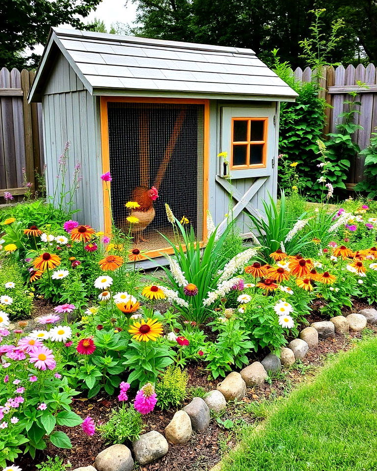 wildflower borders for pollinator support - 15 Backyard Chicken Coop Landscaping Ideas