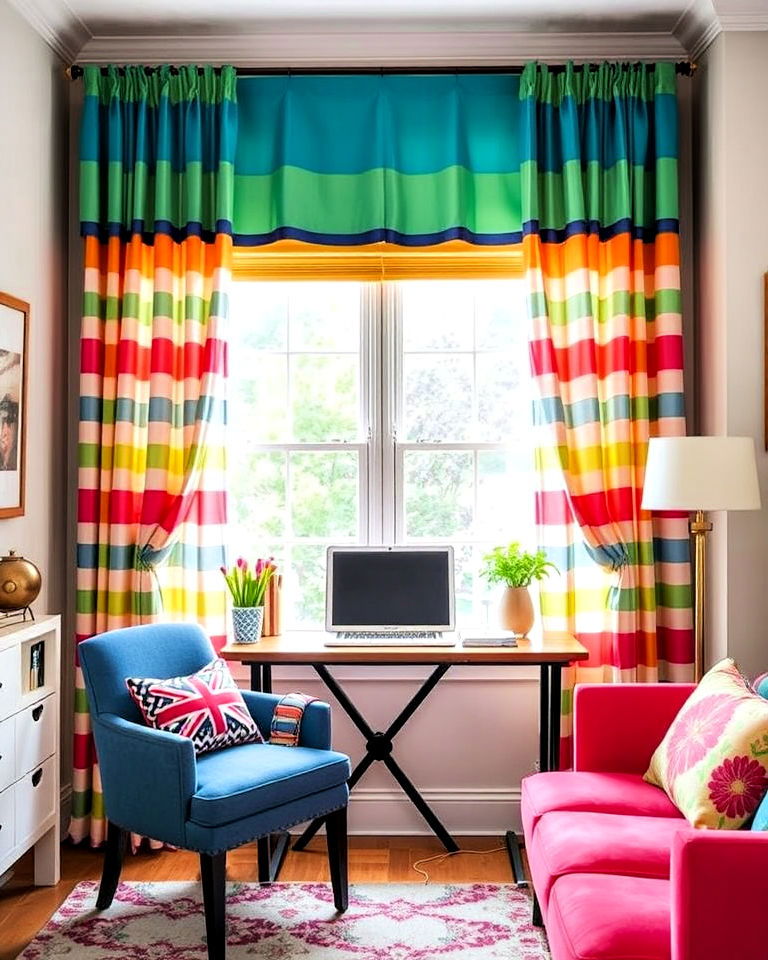 window playful curtains in colorful patterns - 30 Colorful Home Office Ideas
