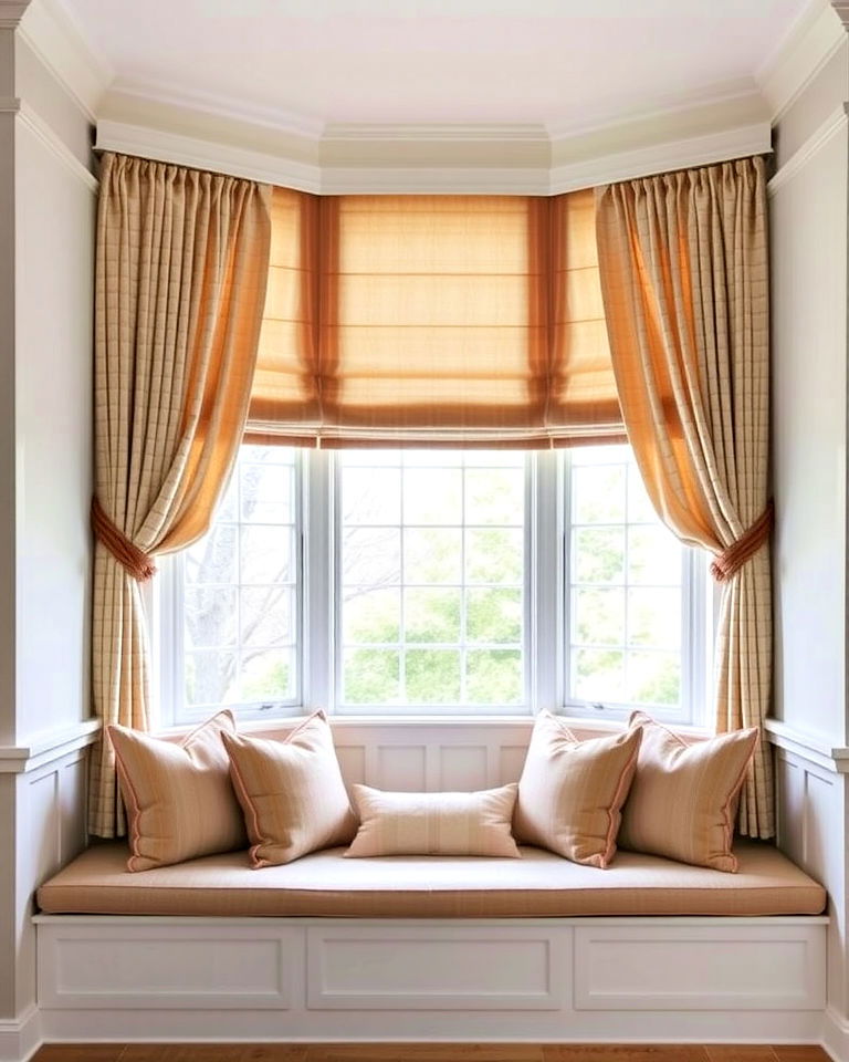 window seat cushions with coordinated treatments - 30 Bay Window Treatment Ideas