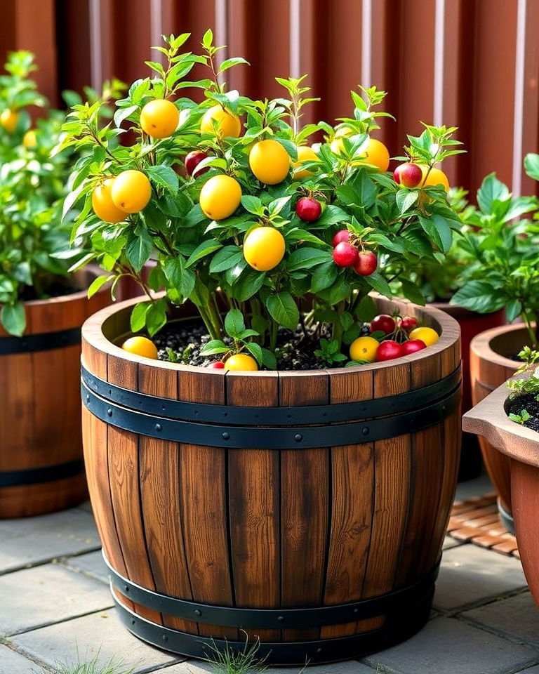 wine barrel can serve as a compact orchard - 15 Wine Barrel Planter Ideas