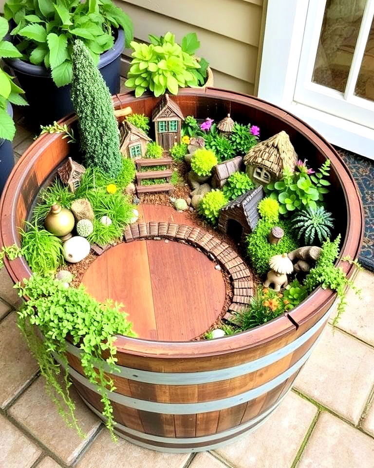 wine barrel enchanted corner fairy garden - 20 Fairy Garden Container Ideas
