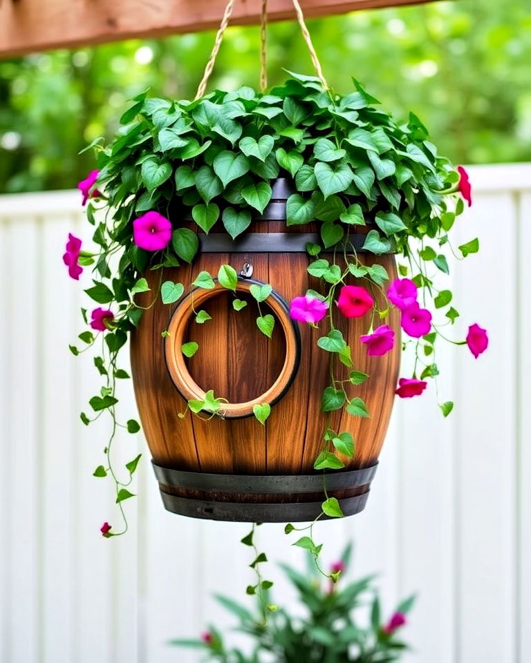 wine barrel into a hanging planter - 15 Wine Barrel Planter Ideas