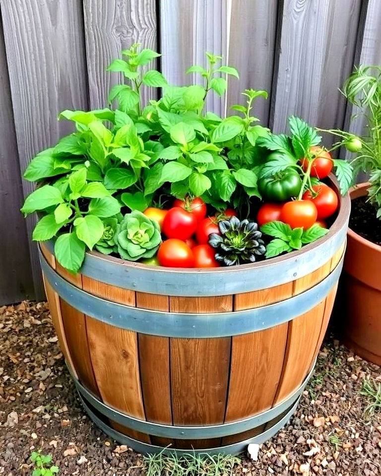 wine barrel vegetable planter - 20 Whiskey Barrel Planter Ideas