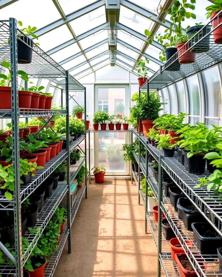 wire shelves for enhanced airflow - 25 Greenhouse Shelving Ideas