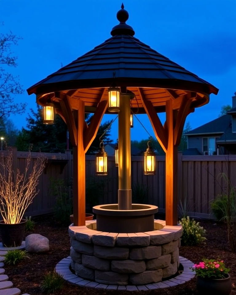 wishing well with hanging lanterns - 15 Outdoor Wishing Well Garden Ideas
