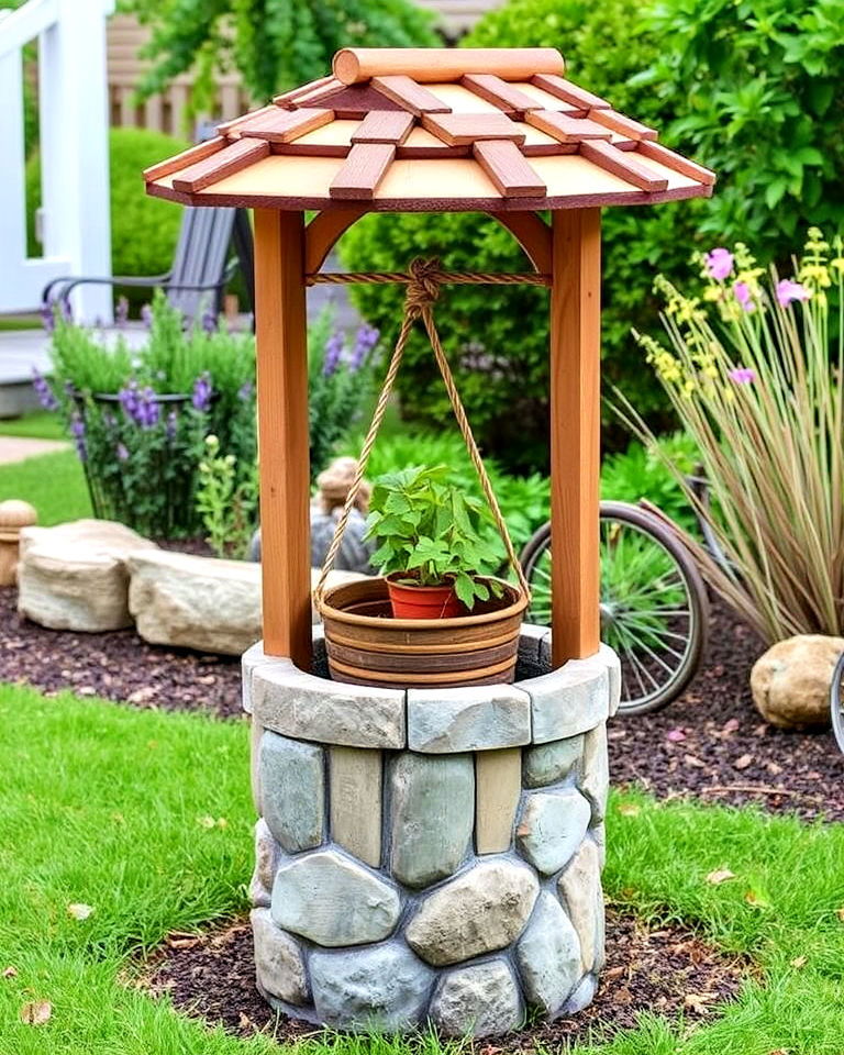 wishing well with rope and bucket display - 15 Outdoor Wishing Well Garden Ideas