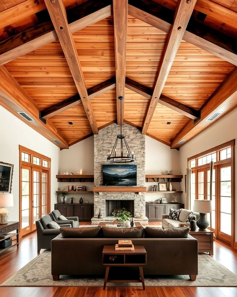 wood plank ceiling with exposed beams - 15 Wood Plank Ceiling Ideas