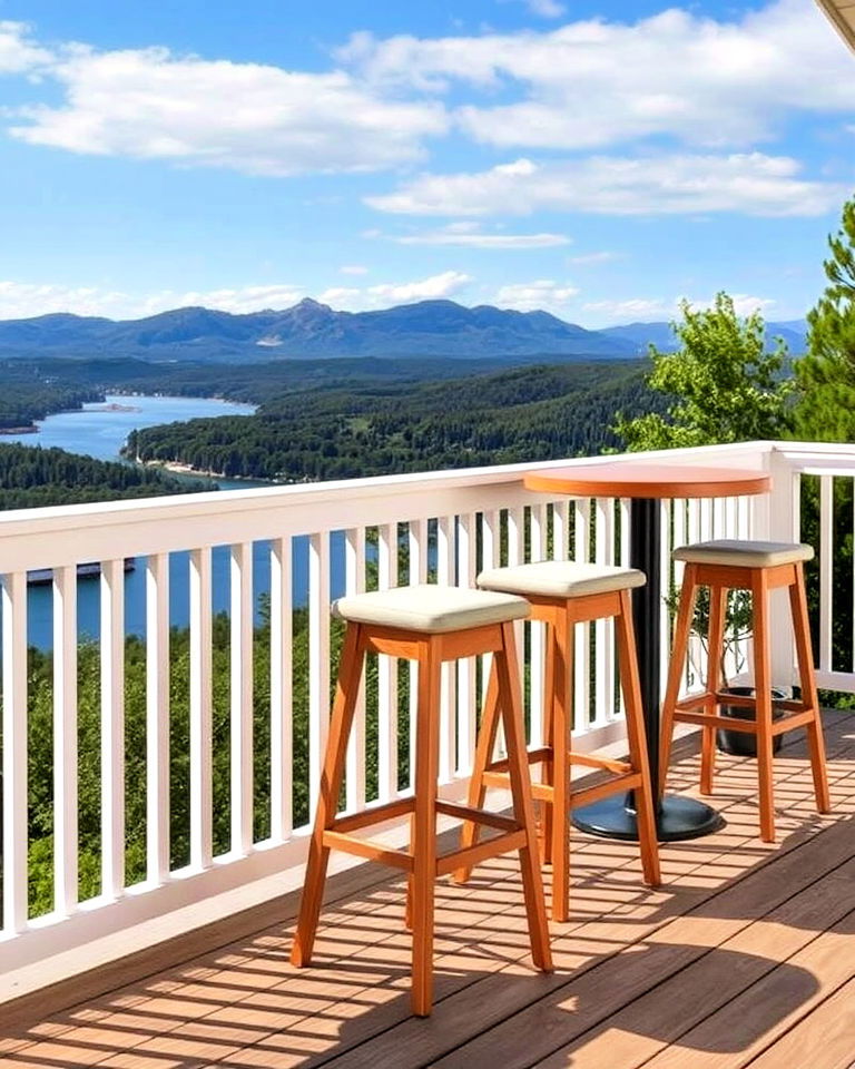 wooden bar stools and high tables - 20 Deck Seating Ideas