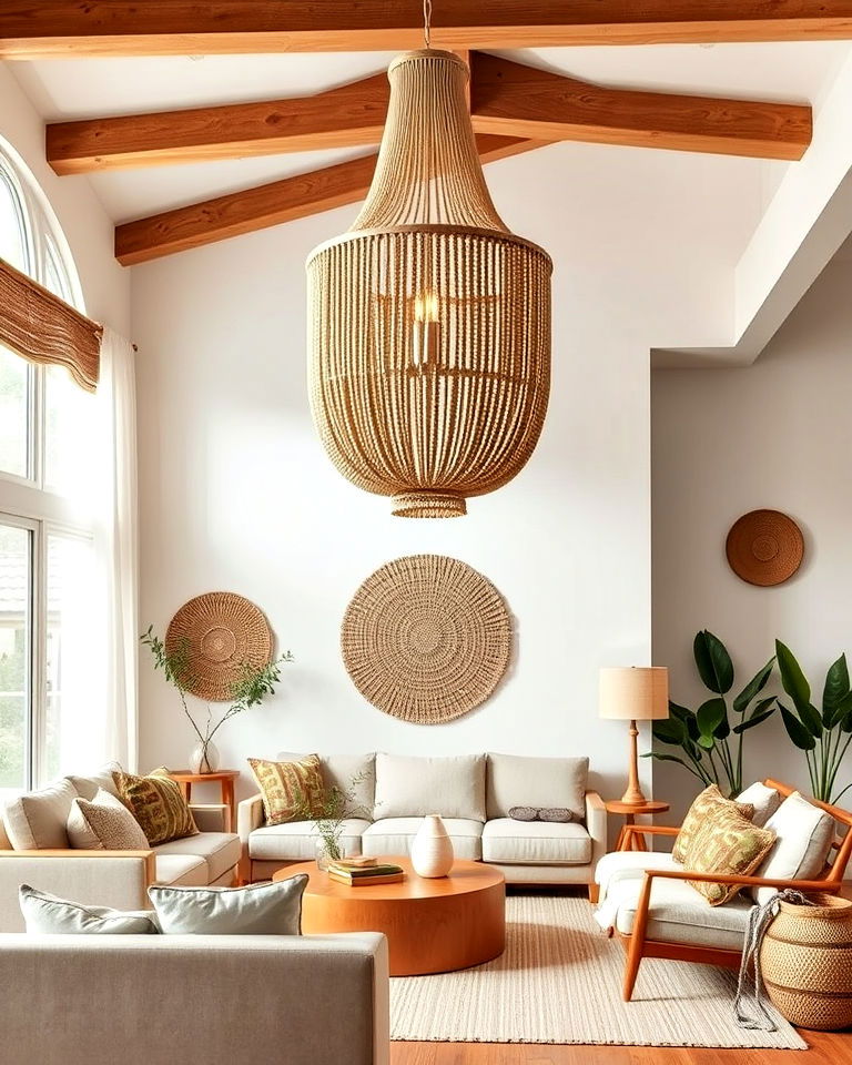 wooden beaded chandelier for subtle glamour - 15 Neutral Boho Living Room Ideas