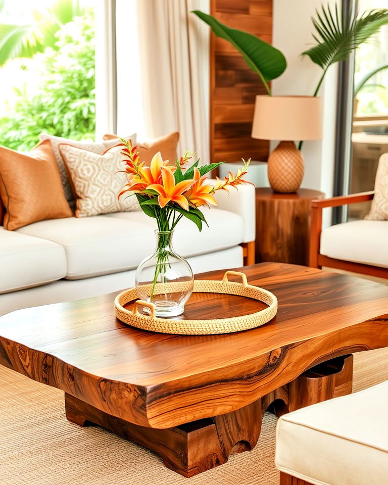 wooden coffee table as a living room centerpiece - 20 Tropical Living Room Ideas
