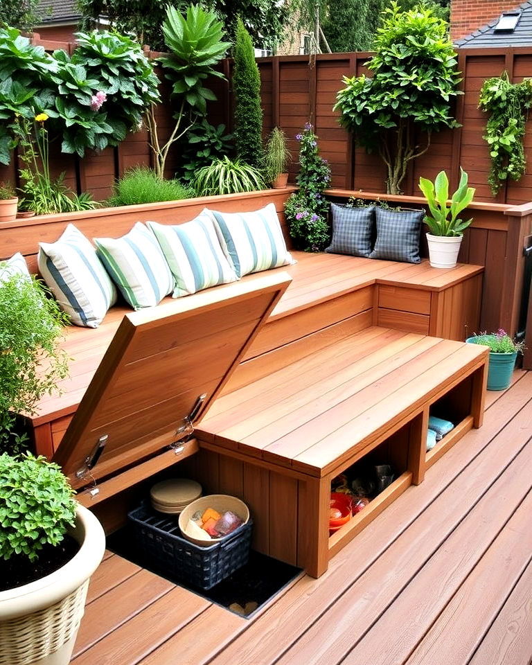 wooden decking with built in storage - 30 Garden Decking Ideas