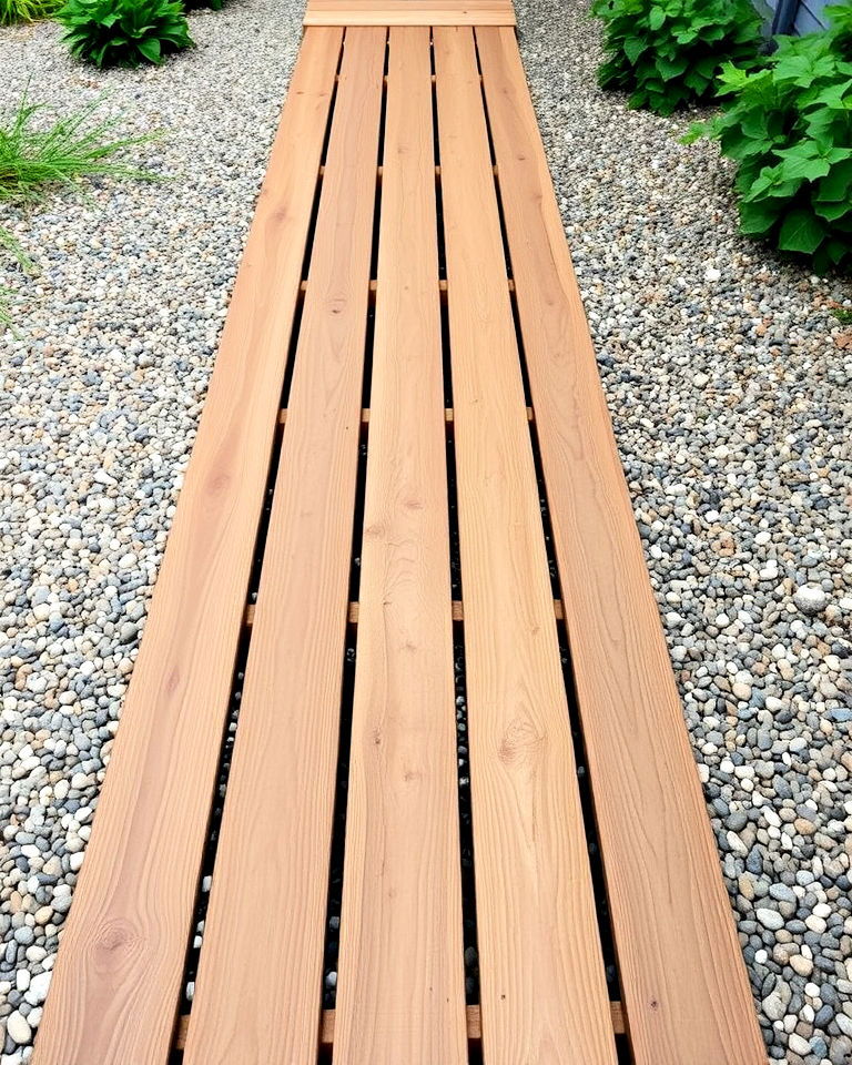 wooden plank and gravel path - 20 Pea Gravel Walkway Ideas