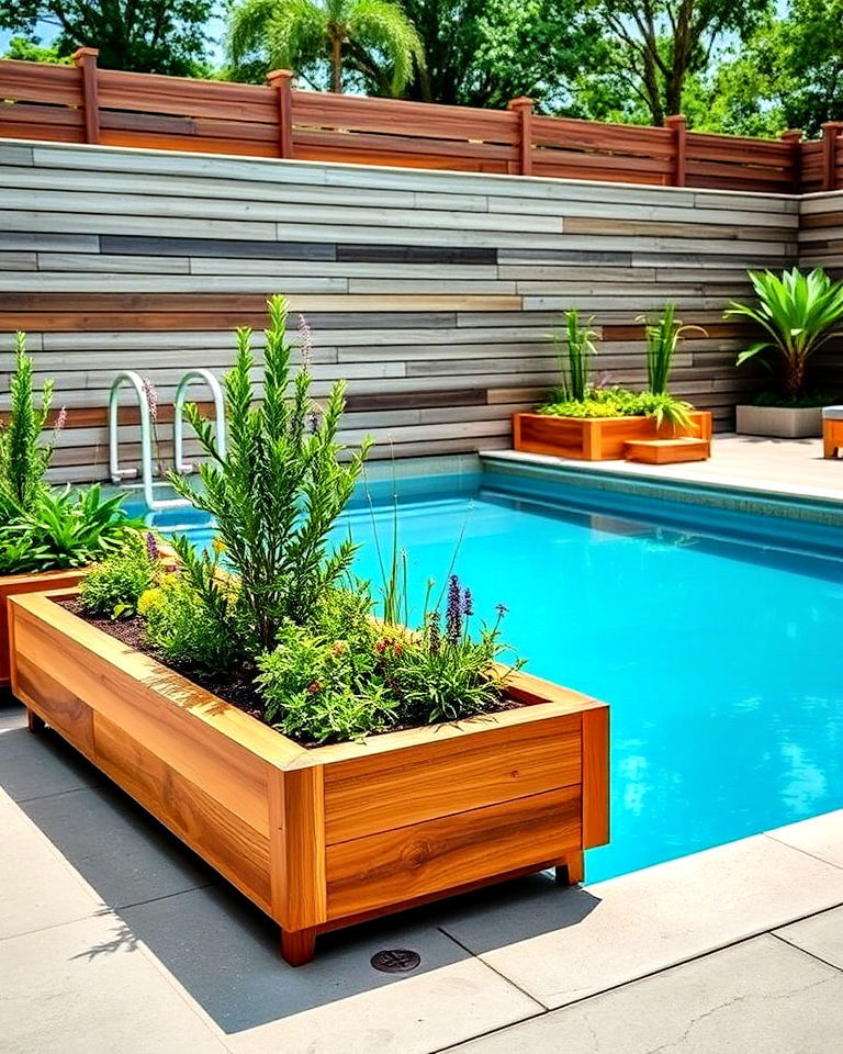 wooden planter boxes for natural appeal - 25 Pool Planter Ideas