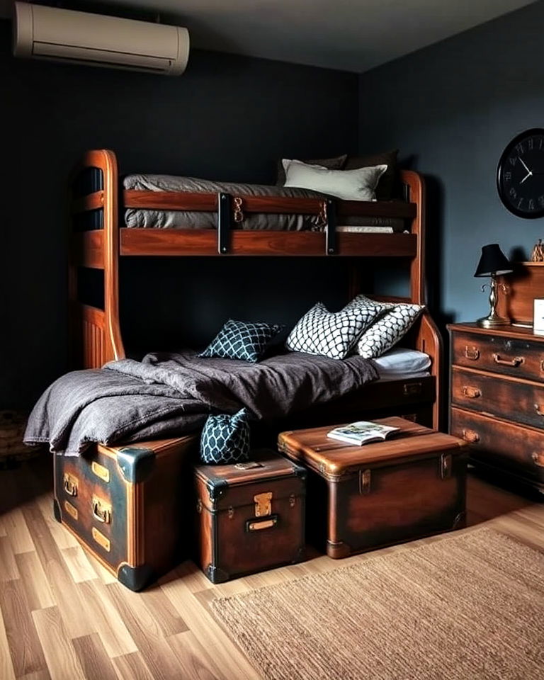 wooden storage trunks dark academia dorm room - 15 Dark Academia Dorm Room Ideas