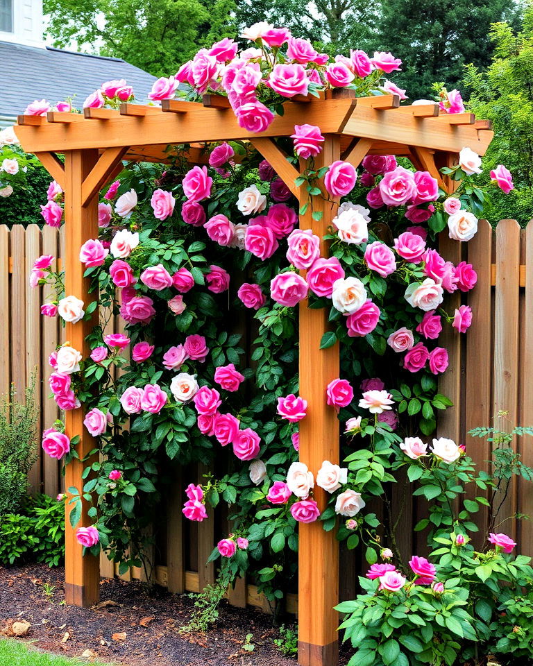 wooden trellis with climbing roses - 25 Property Line Landscaping Ideas