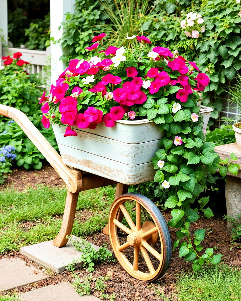 wooden wheelbarrow into whimsical garden planter - 15 Cottagecore Garden Ideas