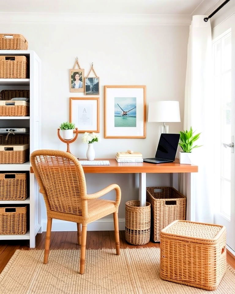 woven and rattan furniture for coastal office - 20 Coastal Home Office Ideas
