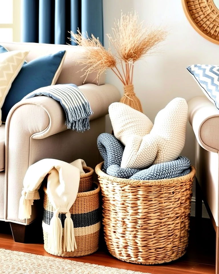 woven baskets can serve as stylish storage solutions - 30 Coastal Interior Design Ideas