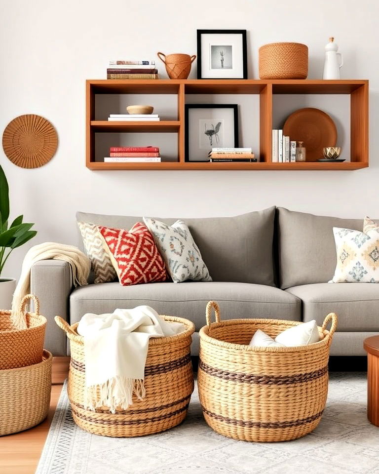 woven baskets for living room storage - 20 Minimalist Modern Boho Living Room Ideas