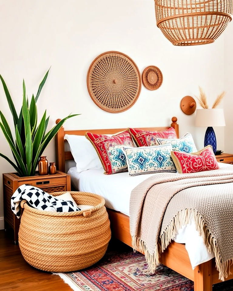 woven baskets for storage bohemian moroccan bedroom - 15 Bohemian Moroccan Bedroom Ideas
