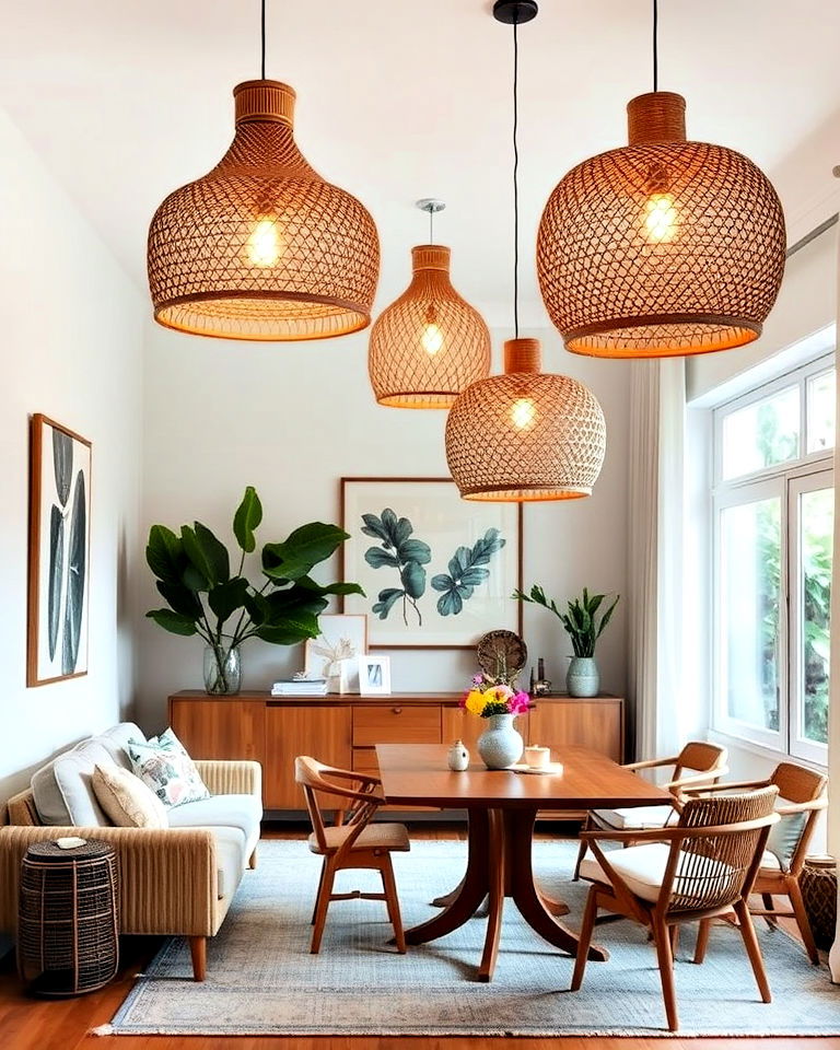 woven pendant lights for a mid century boho space - 25 Mid Century Boho Decor Ideas