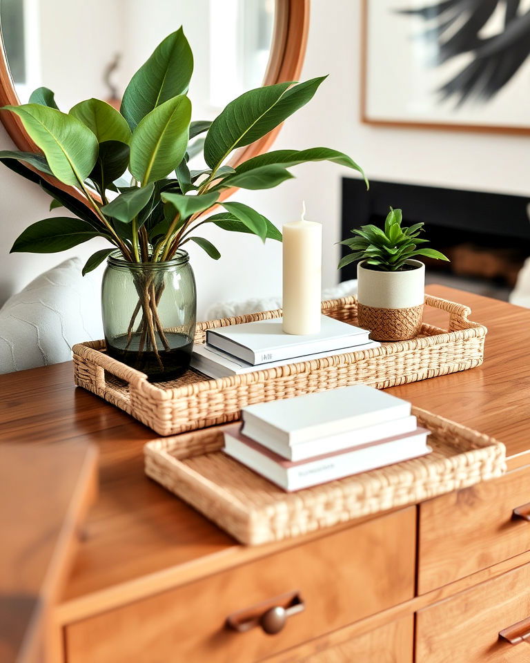 woven tray on a credenza to hold boho decor - 25 Mid Century Boho Decor Ideas
