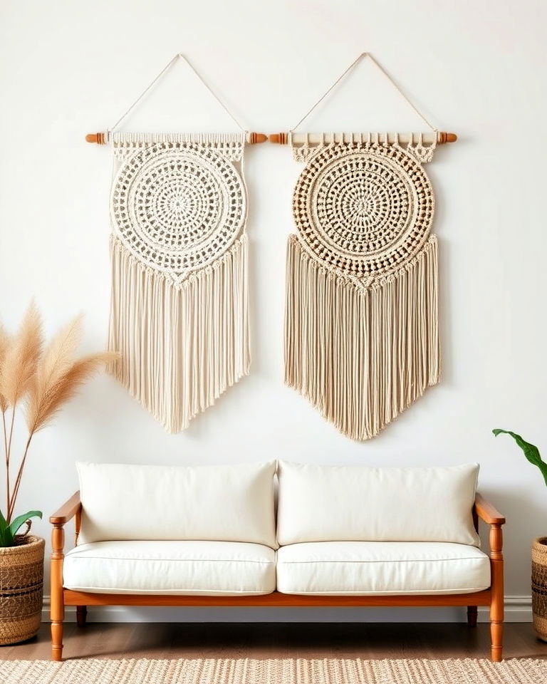 woven wall hangings for artistic flair - 15 Neutral Boho Living Room Ideas