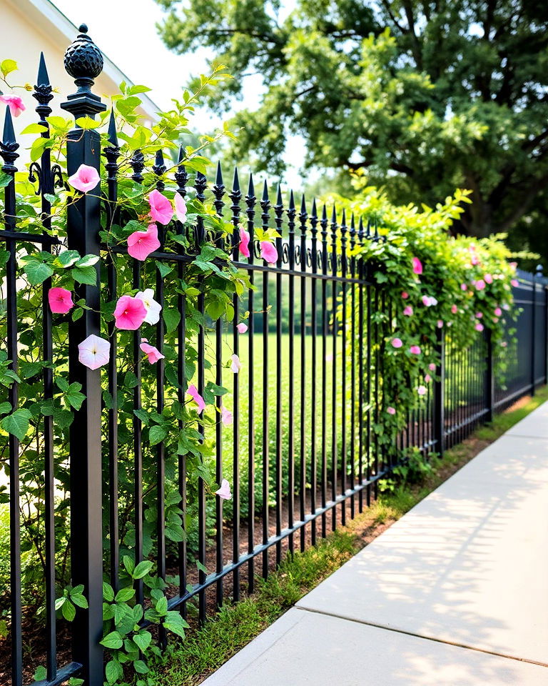 wrought iron fencing with greenery - 25 Property Line Landscaping Ideas