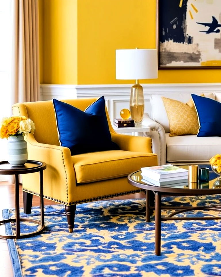 yellow accent chair in living room with blue pillows - 20 Yellow and Blue Living Room Ideas