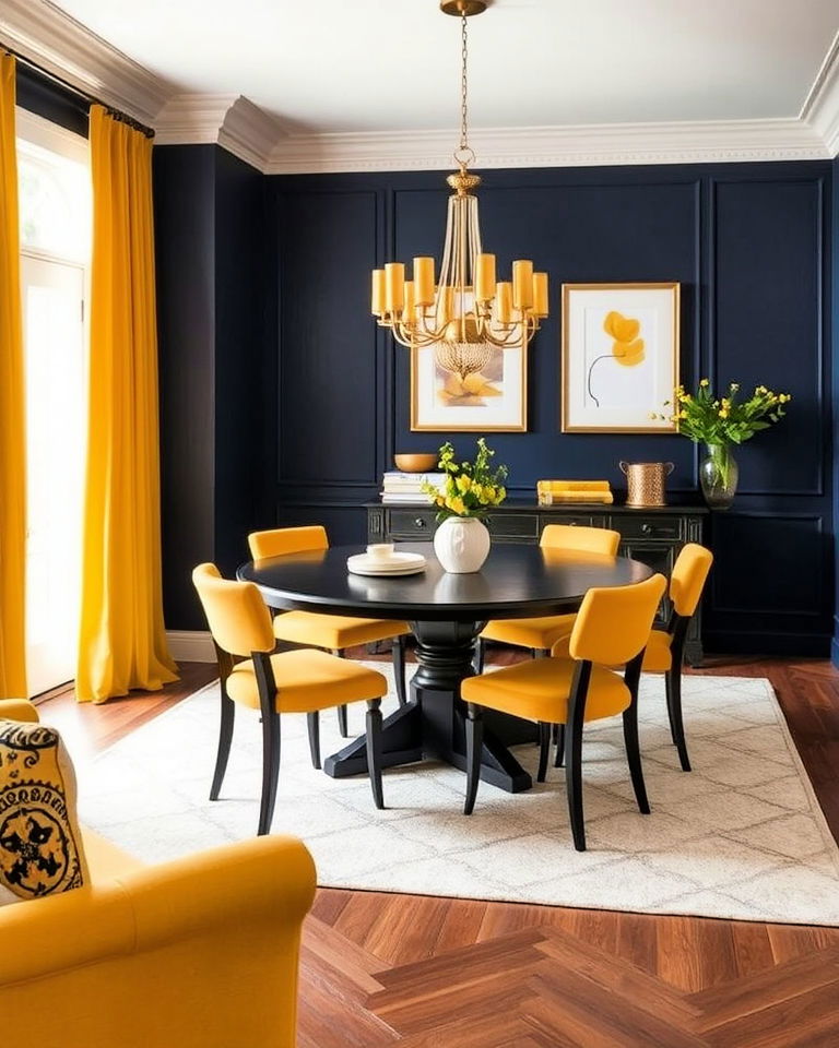 yellow and navy blue dining room - 15 Combination Colors That Go With Yellow at Home