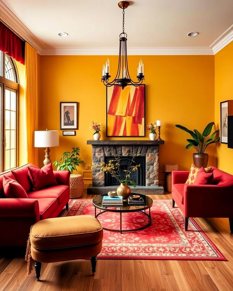 yellow and red living room - 15 Combination Colors That Go With Yellow at Home