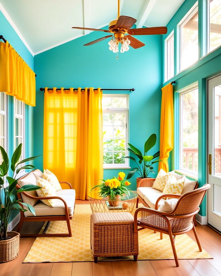 yellow and turquoise sunroom - 15 Combination Colors That Go With Yellow at Home