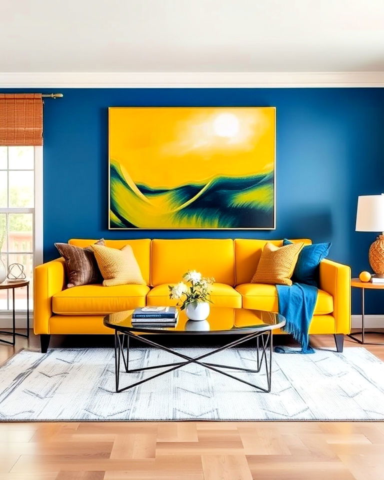 yellow living room sofa against a blue feature wall - 20 Yellow and Blue Living Room Ideas