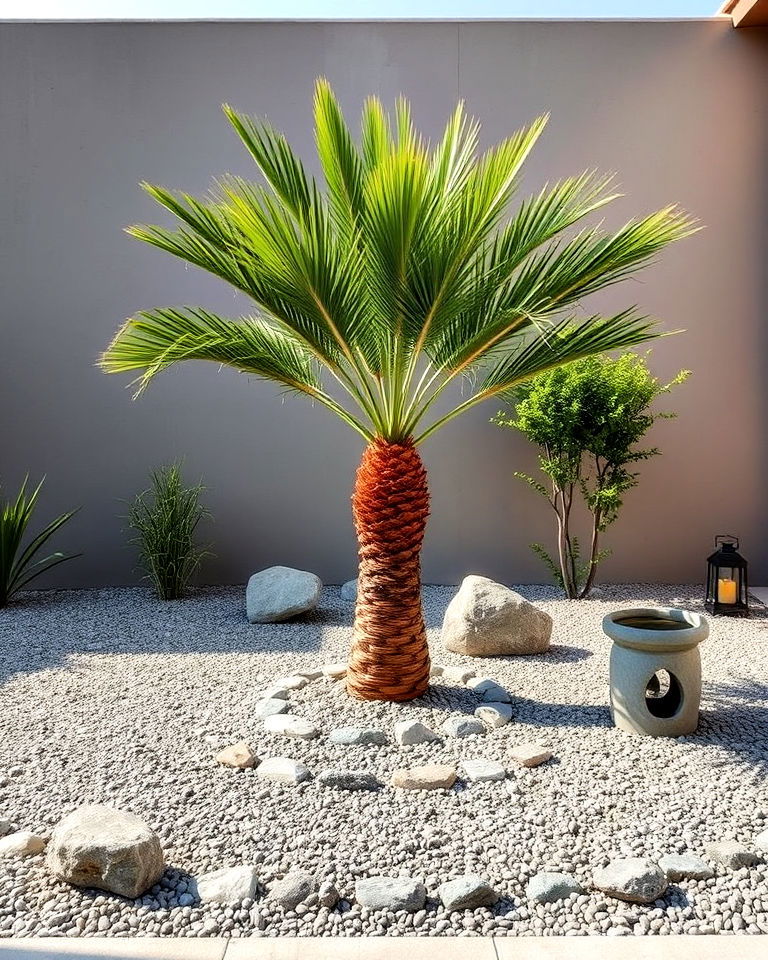zen garden with palm centerpiece - 25 Front Yard Palm Tree Landscape Design Ideas