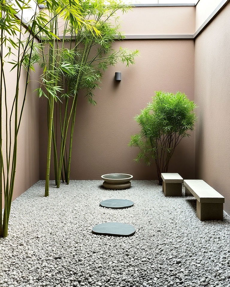 zen inspired courtyard with gravel and bamboo - 15 Enclosed Front Courtyard Ideas