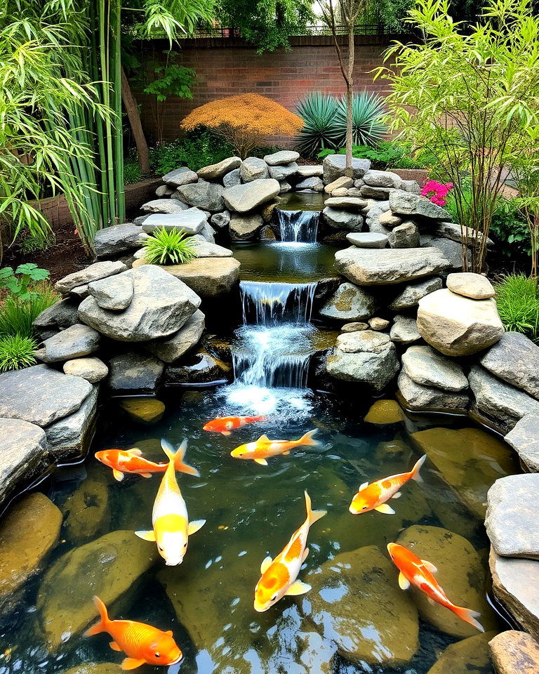 zen inspired koi pond with cascading waterfall - 15 Koi Pond Ideas With Waterfall