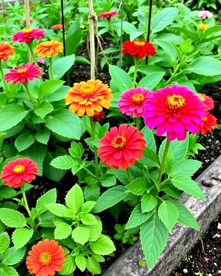 zinnias around a vegetable garden - 20 Zinnia Garden Ideas