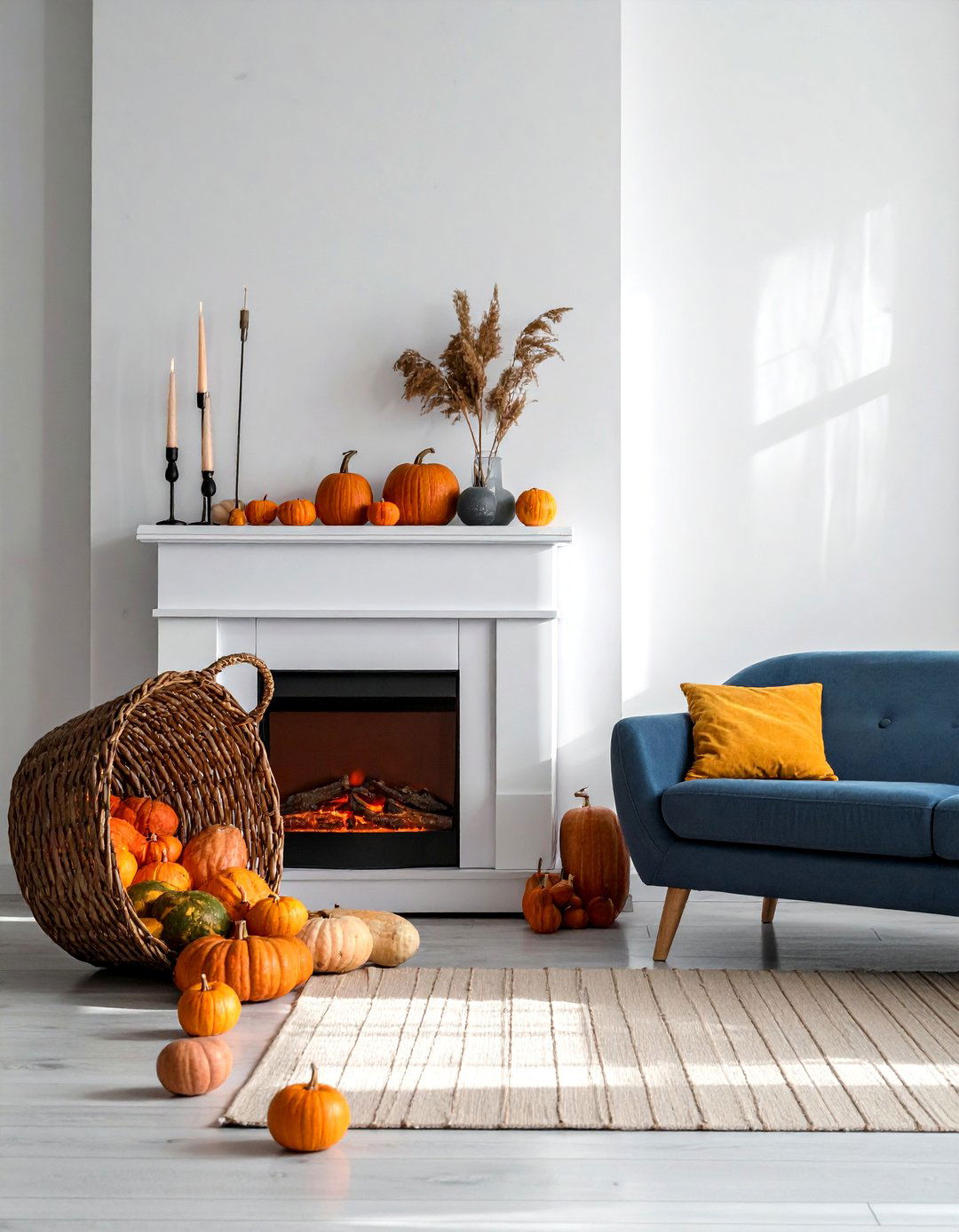 Asymmetrical Arrangement with Bold Statement Piece - 20 fall fireplace decor ideas