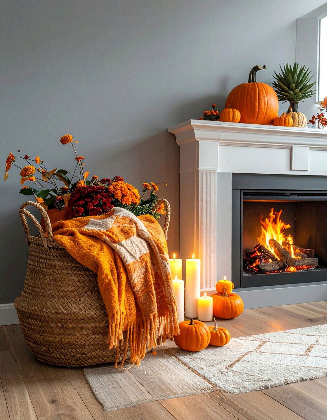Asymmetrical Mantel with Statement Basket - 20 fall mantel decor ideas