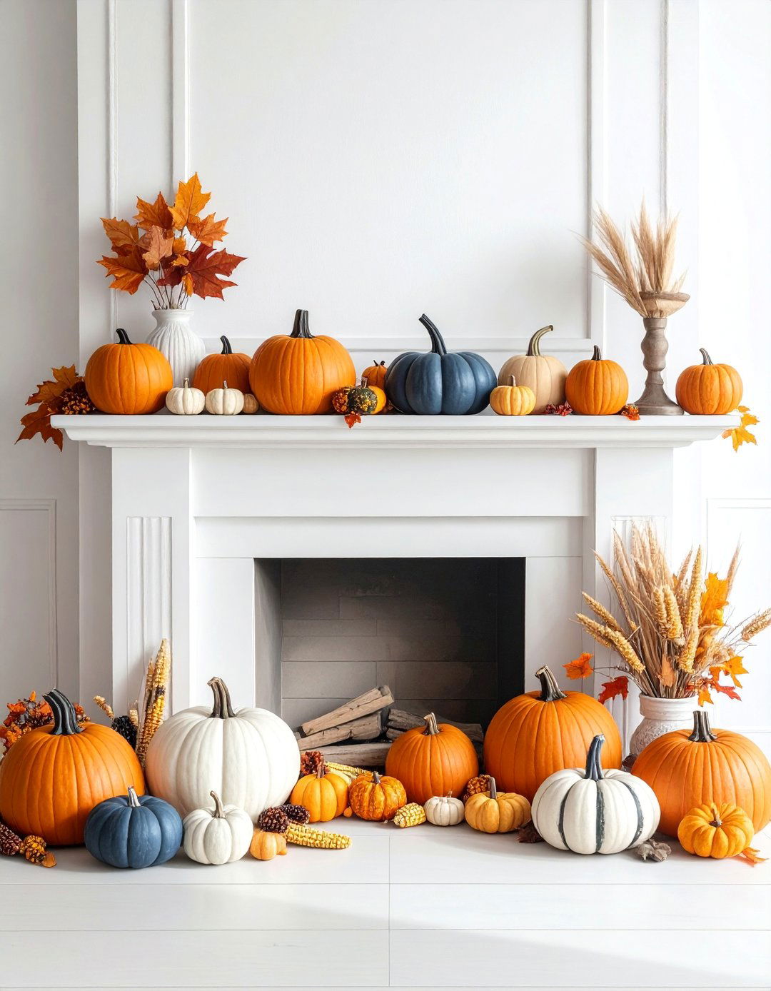 Autumn Harvest Display with Pumpkins - 20 fall fireplace decor ideas
