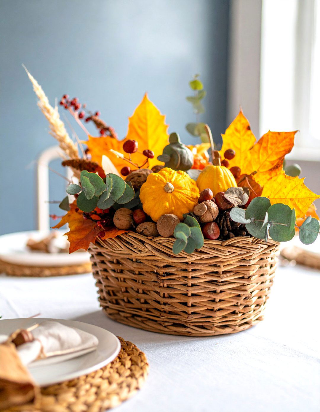 Basket Centerpiece with Foliage - 20 fall leaves decor ideas