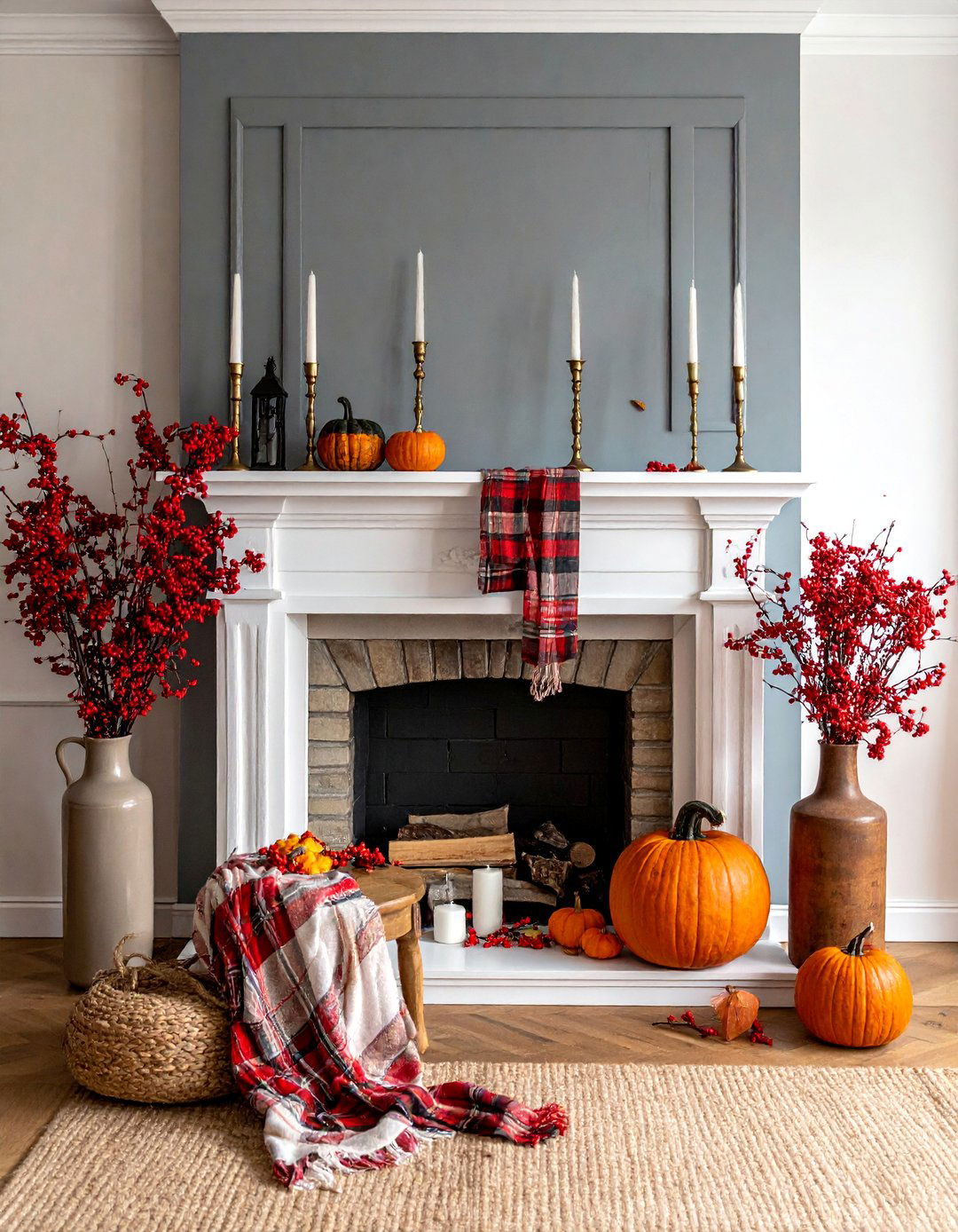 Berry Branch and Plaid Accent Mantel - 20 fall mantel decor ideas